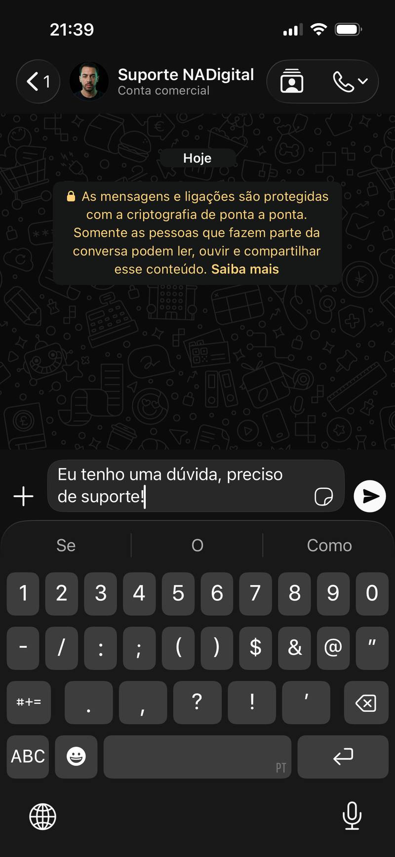 Conversa aberta com a conta comercial Suporte NADigital no WhatsApp